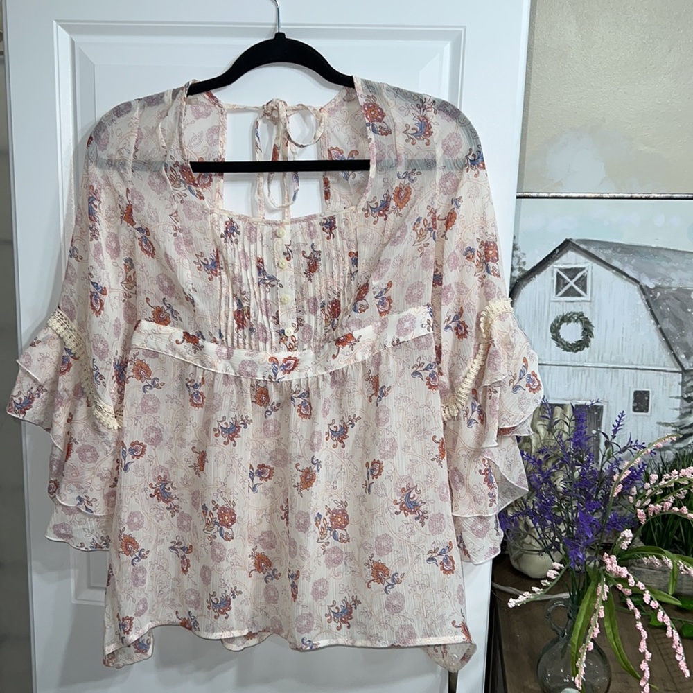 Decree Large Sheer Floral Top with ruffles and Flared 3/4 Sleeves